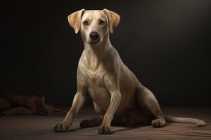 ai généré obéissant réaliste chien séance sur cuisine sol. produire ai photo