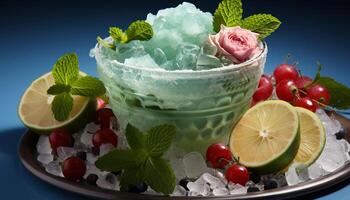 ai généré Frais Mojito cocktail avec menthe feuille, chaux, et framboise garnir généré par ai photo