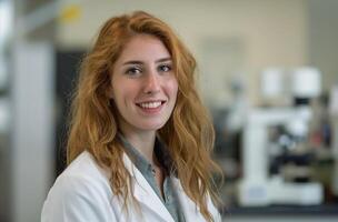 ai généré souriant biomédical ingénieur dans laboratoire photo