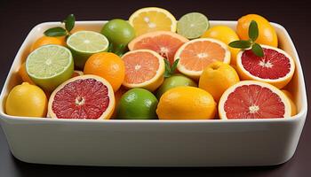 ai généré Frais agrumes des fruits, vibrant couleurs, en bonne santé en mangeant sur en bois assiette généré par ai photo