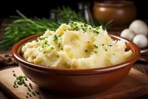 ai généré délicieux en purée patates bol. produire ai photo