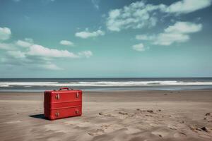 ai généré rouge valise plage. produire ai photo