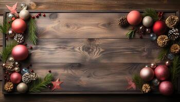 ai généré rustique bois planche cadres brillant Noël arbre décoration généré par ai photo