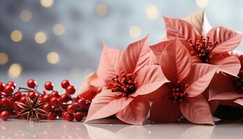 ai généré brillant poinsettia fleur tête illumine foncé hiver fête généré par ai photo