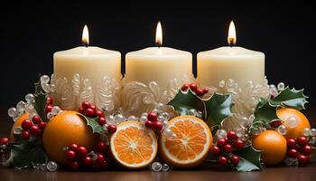 ai généré brûlant bougie illumine hiver fête avec embrasé Orange aux chandelles généré par ai photo