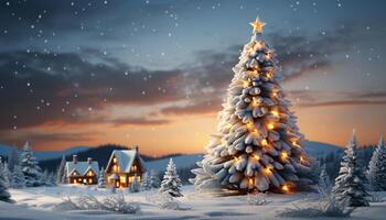 ai généré neige couvert hiver paysage avec illuminé Noël arbre et étoile décoration généré par ai photo