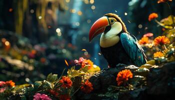 ai généré vibrant toucan se percher sur bifurquer, mettant en valeur la nature coloré beauté généré par ai photo