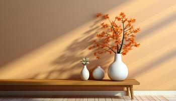 ai généré moderne appartement avec rustique bois sol, élégant vase décoration généré par ai photo