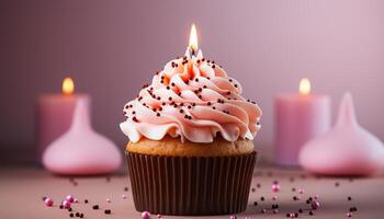 ai généré anniversaire fête avec fait maison Chocolat petit gâteau et bougie décoration généré par ai photo