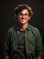 ai généré photo de une Jeune attrayant souriant homme dans des lunettes et vert T-shirt. foncé Contexte. photo pour bannière, commercial