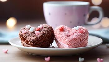 ai généré sucré fait maison dessert sur rose tableau, proche en haut de Chocolat biscuit généré par ai photo