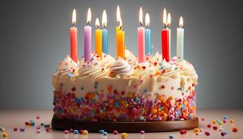 ai généré anniversaire fête avec multi coloré bougies sur une sucré dessert généré par ai photo