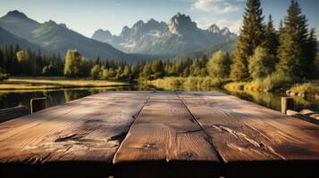 ai généré en bois table et brouiller de beauté, lumière du soleil voir, et montagnes comme Contexte photo