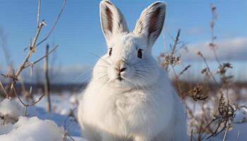 ai généré mignonne duveteux lapin séance dans le neige, à la recherche à caméra généré par ai photo