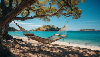 ai généré idyllique tropical littoral, hamac balançant en dessous de paume arbre, tranquille l'eau généré par ai photo