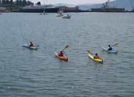 bouleau baie, Washington, 2006 - Hommes et femmes dans kayaks sur baie avec amarré bateaux et traversier photo