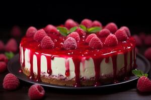 ai généré framboise cheesecake tranche. produire ai photo