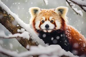 ai généré rouge Panda hiver neige. produire ai photo