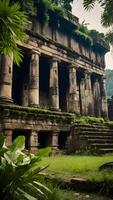 ai généré ancien ruines usé par le temps les structures au milieu de luxuriant jungle feuillage photo