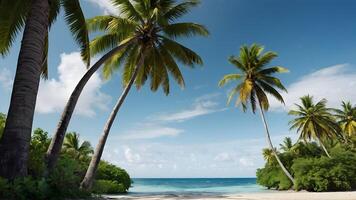 ai généré tropical paradis paume des arbres balancement dans doux océan brise photo