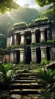 ai généré ancien ruines usé par le temps les structures au milieu de luxuriant jungle feuillage photo