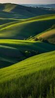 ai généré roulant collines verdoyant vert des champs élongation à le horizon photo