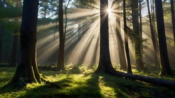 ai généré lumière du soleil brillant par des arbres dans une forêt photo