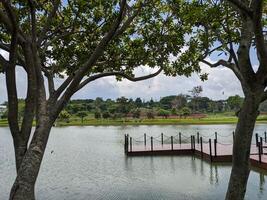 mini le jogging parc sur le semarang central Java avec lac, nuageux ambiance et bleu ciel. le photo est adapté pour parc arrière-plan, se détendre et prendre plaisir endroit contenu médias.