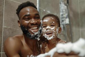 ai généré homme en jouant avec le sien fils avec mousse dans le salle de bains. génératif ai photo