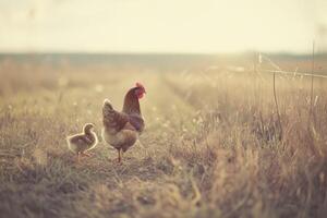 ai généré une poulet est en marchant vers le bas une champ plein de bébé poulets. génératif ai photo