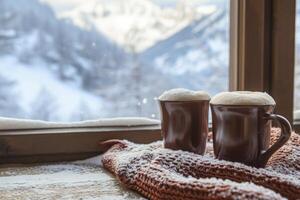 ai généré tasses de Chocolat à côté de une fenêtre avec Montagne voir. génératif ai photo