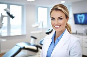 ai généré portrait de content femelle médecin portant uniforme et souriant avec bras franchi photo