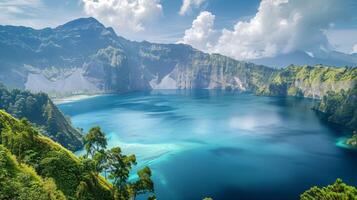 ai généré une Stupéfiant vue de une magnifique Lac embrassé par majestueux Montagne paysages photo