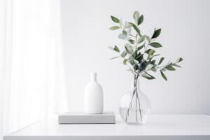ai généré vase avec vert brins de les plantes dans blanc minimaliste intérieur. génératif ai photo