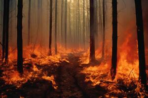 ai généré forêt feu, des arbres et herbe sont brûlant. génératif ai photo