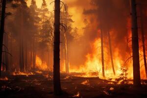 ai généré forêt feu, des arbres dans flammes et fumée. génératif ai photo