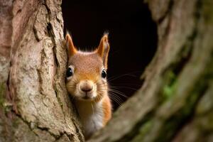 ai généré écureuil coups d'oeil en dehors de creux arbre. génératif ai photo