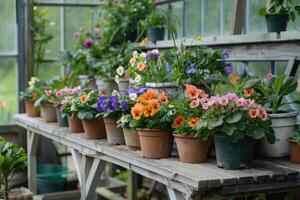 ai généré argile des pots avec printemps fleurs sur en bois banc dans serre. coloré les plantes jardinage. herbe replantation dans le vert maison photo