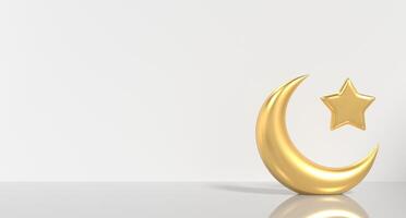 islamique croissant lune et étoile icône. d'or lune et étoile 3d icône. symbole forme conception pour islamique concept. 3d rendre illustration photo