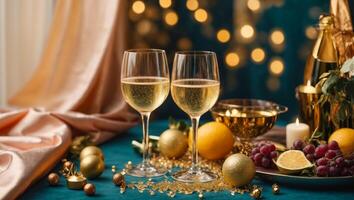 ai généré une table avec champagne bouteille et des lunettes est couvert avec une variété de des fruits, des oranges et citrons photo