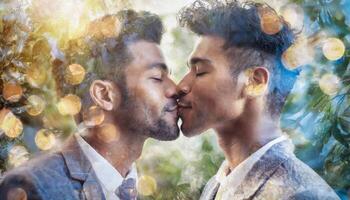 ai généré deux gay Hommes embrasser chaque autre et partage passionné intime baiser photo