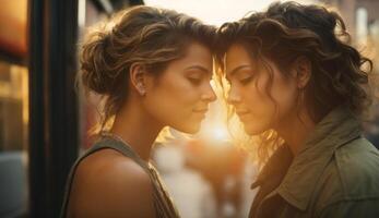 ai généré deux lgbt femmes sont embrasser chaque autre et partage une passionné et intime moment photo