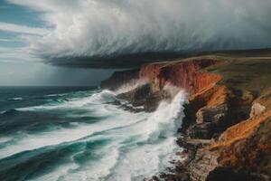 ai généré une orageux océan avec une grand vague s'écraser contre le rochers photo