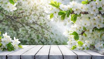 ai généré printemps la nature Contexte avec épanouissement fleurs et rustique en bois table photo