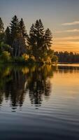 ai généré le coucher du soleil sérénité d'or heure reflets sur calme Lac des eaux photo