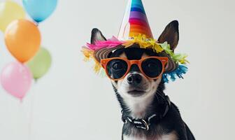 ai généré chien dans amusement de fête chapeau. animal de compagnie dans fête costume. anniversaire portrait de mignonne animal sur nettoyer blanc Contexte. ai généré photo