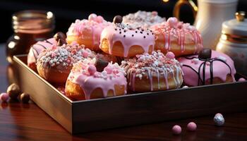 ai généré sucré nourriture, gourmet indulgence, cuit Chocolat Donut, fait maison fraise glaçage généré par ai photo