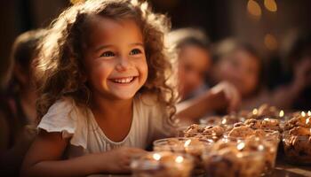 ai généré souriant enfant, bonheur, filles, joyeux, à l'intérieur, jouissance, mignon, enfance, amusant, joie généré par ai photo