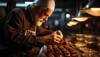 ai généré une mature chef prépare nourriture dans une petit atelier cuisine généré par ai photo