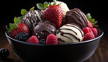ai généré gourmet dessert Chocolat plongé fraise, Frais framboise, menthe feuille indulgence généré par ai photo